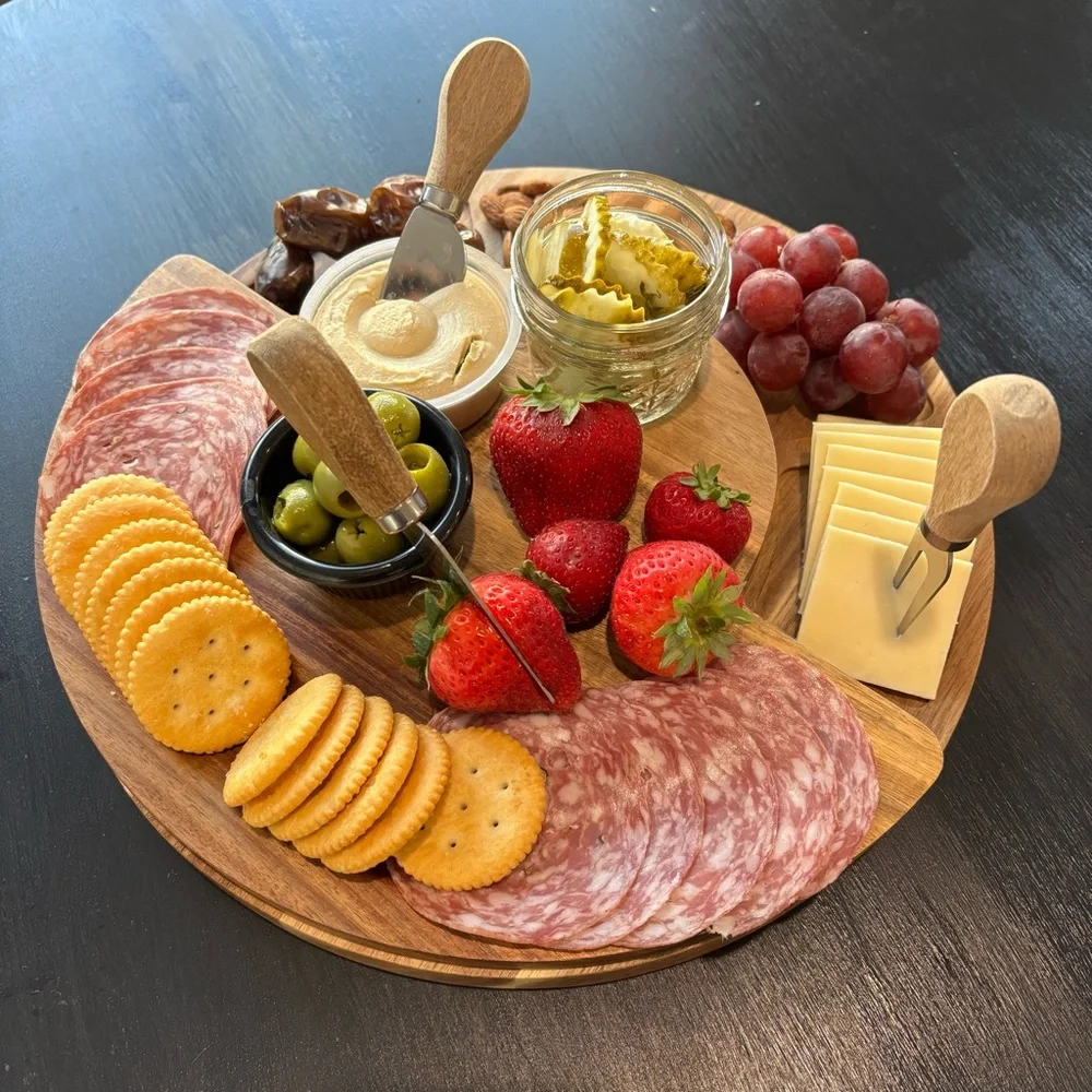 ChefSofi Acacia Wooden Swivel Charcuterie Board with 4 Utensils